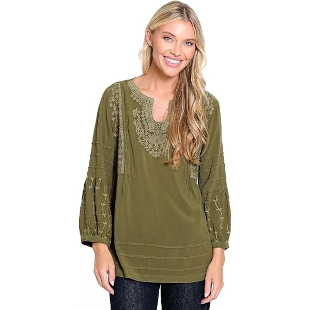 John Mark Olive Green Embroidered Boho Tunic Flowy Blouse 1X